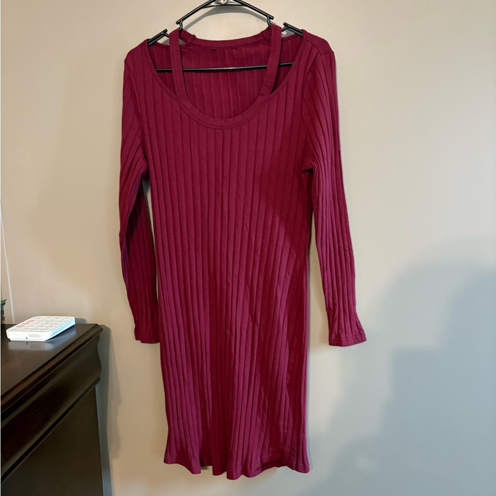 NWOT Rusty Burgundy Long Sleeve Dress with Cut Out Shoulder Detail
